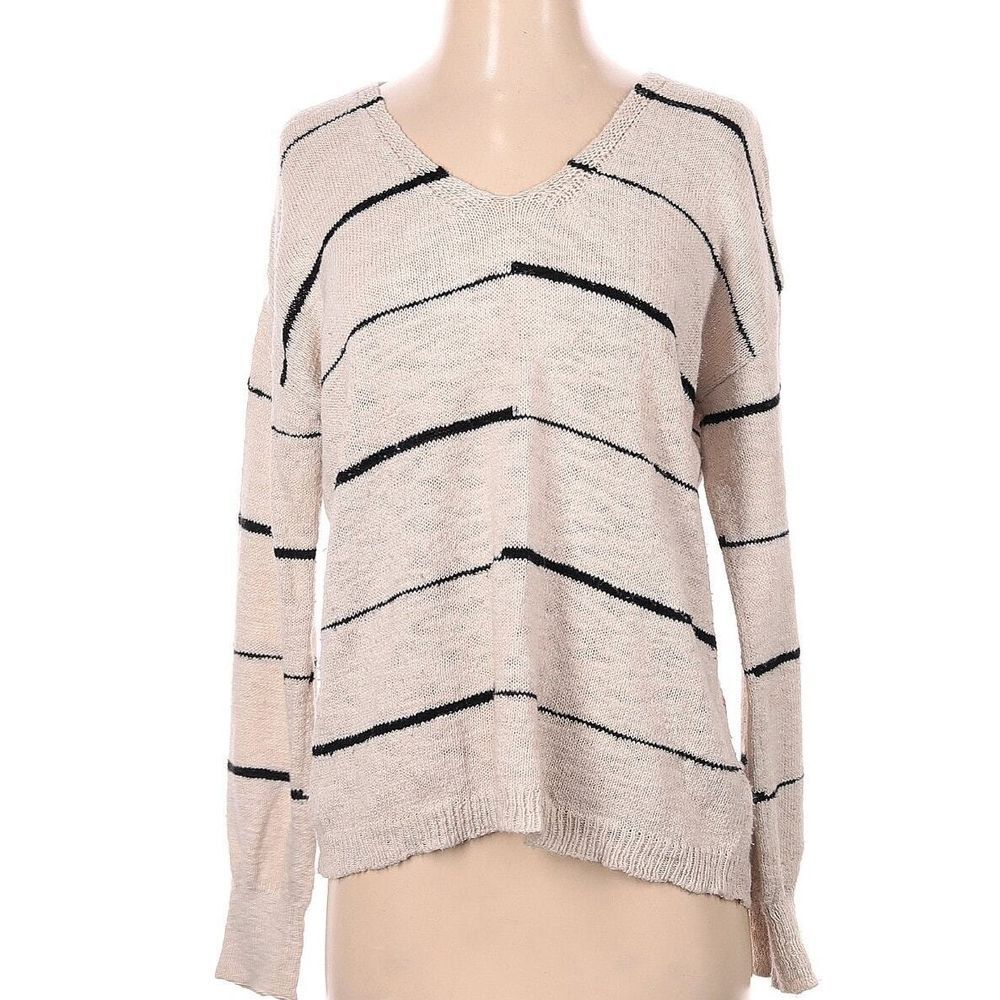 Michael Stars Striped Organic Cotton V Neck Sweater Size S Beige Coastal Minimal